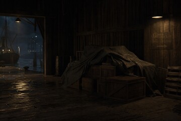 Fototapeta premium Dimly lit dock warehouse with wooden crates under a tarp.