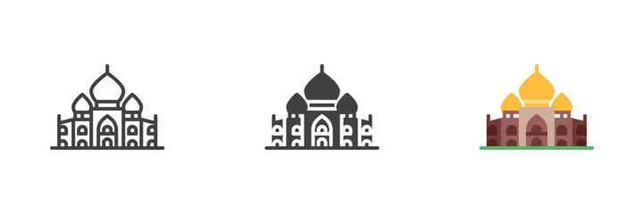 Taj Mahal palace icon set shows domes and minarets in line, solid and flat colorful color vector icon, India landmark sign and symbol. © alekseyvanin