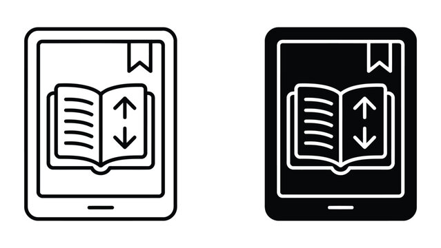Ebook reader tablet with open book icon set featuring navigation arrows in outline and solid black style for digital library and online education platform user interface and mobile application