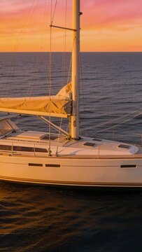 Vertical video: Bobbing white sailboat shifting on calm sea with sun descending, furled mainsail