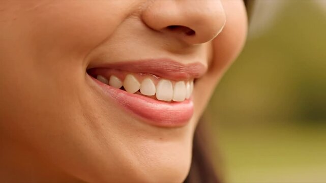 Close up of a woman's smiling face showcasing perfect white teeth and healthy lips against a soft green background