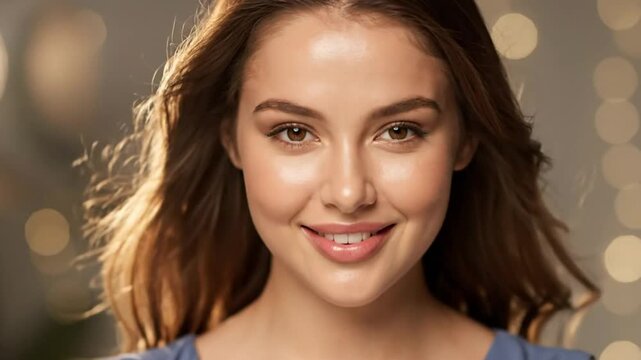 Beautiful young woman with a radiant complexion and a warm smile, portrait against a soft bokeh background