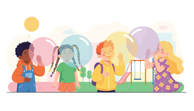 Group of happy diverse school children blowing huge colorful soap bubbles on a playground in an outdoor park zone.