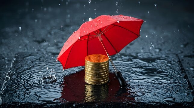 Red umbrella sheltering gold coins on rainy day &ndash; Investment, Savings and Financial Planning Concept