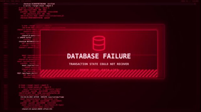 Panning slow tracking shot of error alert windows showing core module failure memory corruption and data corruption on computer terminal screen in dark red ui.