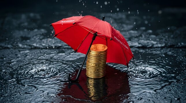 Red umbrella sheltering gold coins on rainy day &ndash; Investment, Savings and Financial Planning Concept