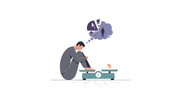 Sad man sitting on a floor scale while worrying about body weight, diet restrictions, and eating disorder.