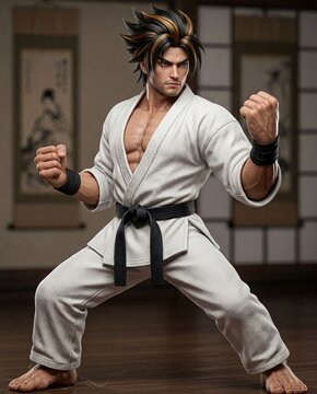 Pixel art illustration of a martial arts fighter in a white gi and black belt