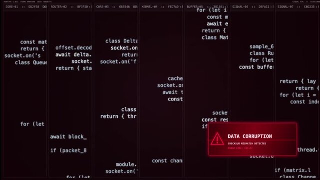 Tracking shot of system error notifications glitching and zooming across dark code interface with red alert banners and process terminated dialogs.