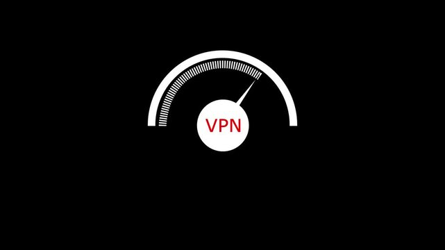 Animated speedometer sign with VPN icon. Indicator level icon. Risk level. Car speedometer cartoon animation on black background 4k motion video animation.