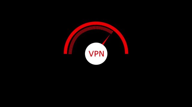 Animated speedometer sign with VPN icon. Indicator level icon. Risk level. Car speedometer cartoon animation on black background 4k motion video animation.