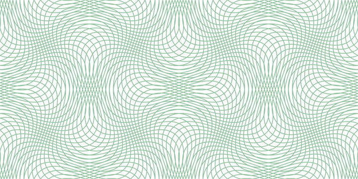 Green line art guilloche pattern. Vector abstract striped background. Squiggle thin lines. Ripple subtle curve. Template for watermark, money, banknote, cheque, diploma, certificate.