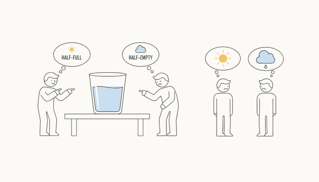 Optimistic and pessimistic viewpoints illustrated by people reacting differently to a half full glass of water.