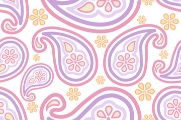 Fototapeta premium Charming seamless paisley vector pattern with a soft pastel palette on a clean white background. This elegant design features bold teardrop paisley motifs in pink and lavender purple.