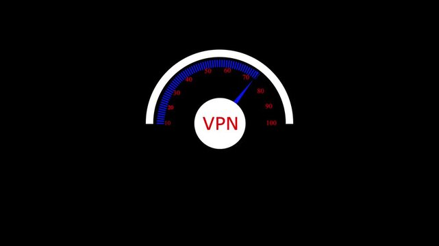 Animated speedometer sign with VPN icon. Indicator level icon. Risk level. Car speedometer cartoon animation on black background 4k motion video animation.