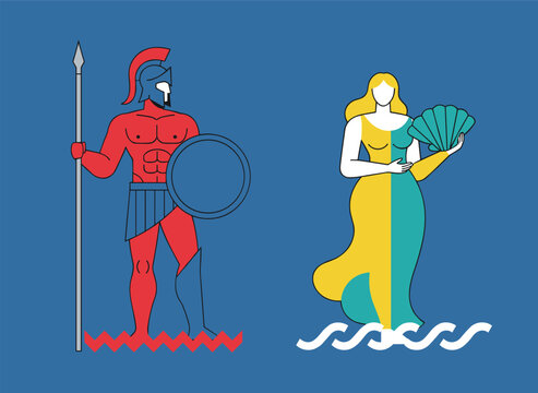 Ancient Greek warrior with spear and shield standing beside a beautiful goddess holding a seashell over waves.