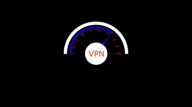 Animated speedometer sign with VPN icon. Indicator level icon. Risk level. Car speedometer cartoon animation on black background 4k motion video animation.