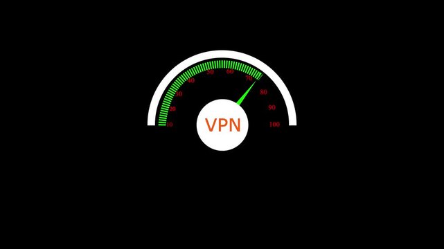 Animated speedometer sign with VPN icon. Indicator level icon. Risk level. Car speedometer cartoon animation on black background 4k motion video animation.