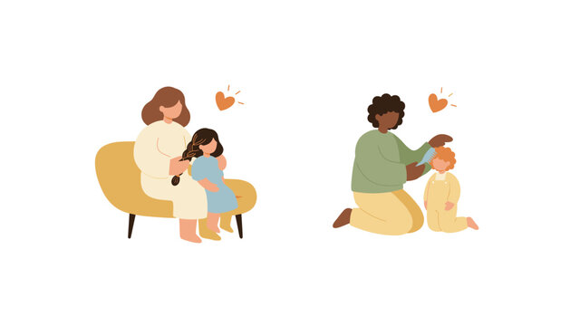 Loving parents styling their children hair with care showing a mother braiding and a father brushing gently.