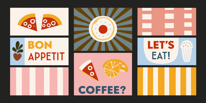Retro Culinary Illustration Set With Pizza Donut And Ice Cream Vector Graphics bakery bite bon