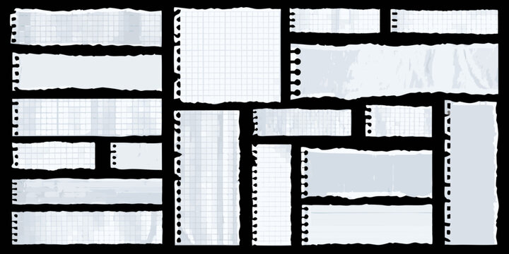 Torn notebook paper pieces with grid patterns on a transparent background ripped scraps lined squared