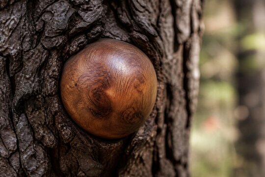 Close-up of rough tree bark with a single smooth round burl.