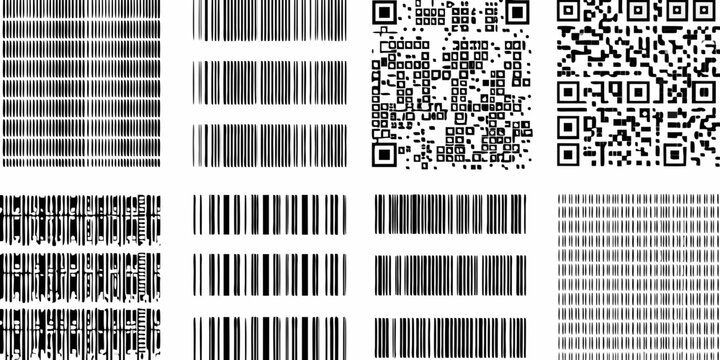 A collection of black and white barcodes and qrcode patterns on a white background barcode