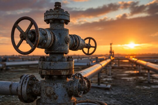 Weathered steel wellhead valve assembly at sunset.
