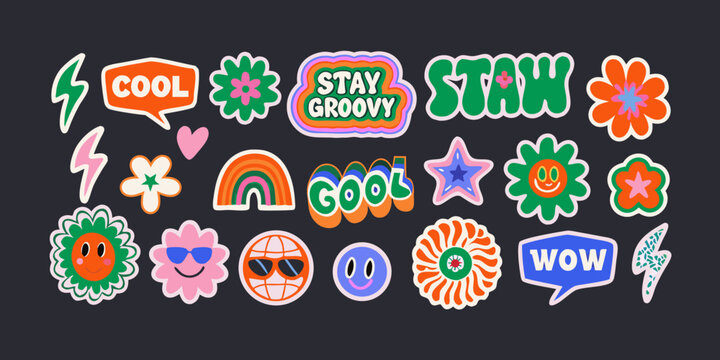 Retro sticker collection featuring lightning bolts flowers rainbows and text in a vector illustration 1960s