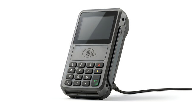 Modern mobile payment terminal with contactless reader and keypad on white surface.