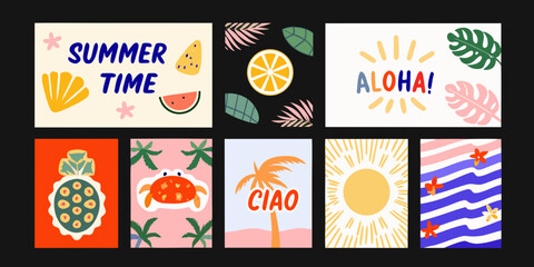 Tropical Fruits And Palm Leaves Vector Illustration With Text Summer And Holiday Theme orange slice © Rina