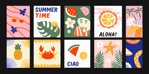 Tropical fruit and beach themed vector illustrations in a grid arrangement vibrant colors summer illustration © Rina