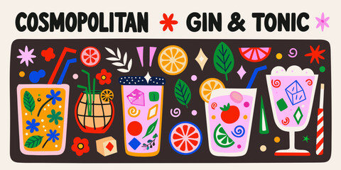 Cocktail and garnish illustration vibrant hand drawn vector design with citrus and floral elements cosmopolitan © Rina