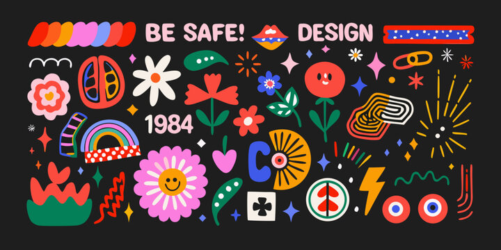 Retro sticker collection featuring flowers peace signs and playful design elements vector illustration 1984 abstract design