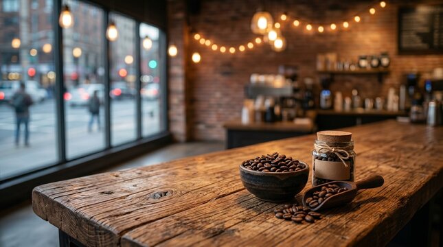Roasted coffee beans on a rustic wooden table inside a warm cafe. Soft bokeh lighting, brick walls, and a view of the city street through windows.