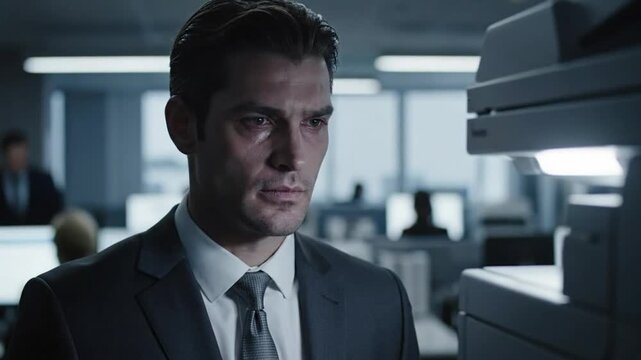 Focused businessman stands next to a photocopier in a modern office environment with a serious expression.