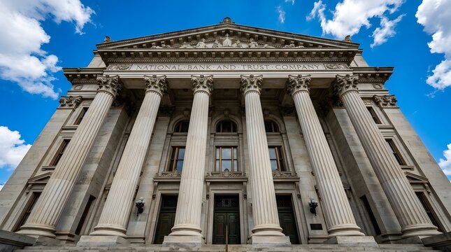 Low angle shot of stone bank building facade with columns