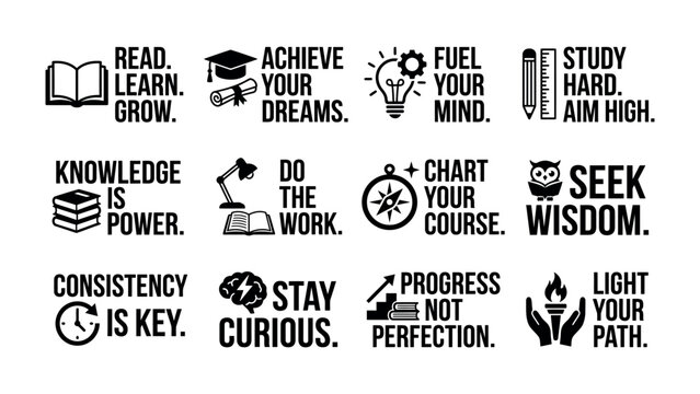 Inspiring Motivation Collage: A collection of motivational quotes and icons designed to inspire learning, achievement, and personal growth, presented in a clean, graphic layout.