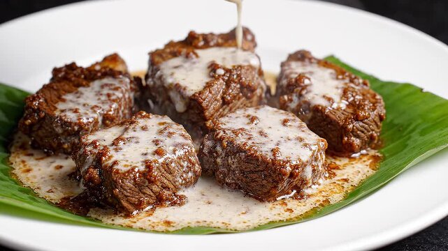 Beef chunks on a green leaf being drizzled with white sauce on a white plate