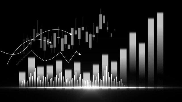Financial chart background with rising bar graph and candlestick market data showing growth profit and upward trend animation