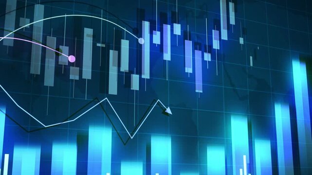 Financial chart background with rising bar graph and candlestick market data showing growth profit and upward trend animation