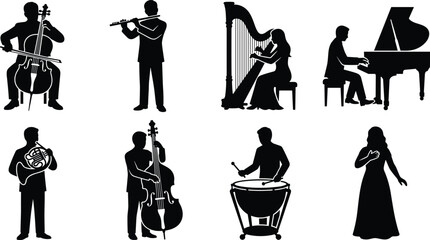 Classical orchestra musicians silhouette icon set featuring cello flute harp piano french horn double bass timpani and singer vector illustration © Fajle