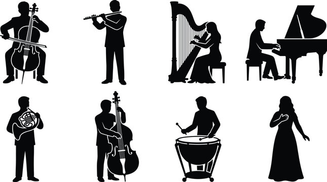 Classical orchestra musicians silhouette icon set featuring cello flute harp piano french horn double bass timpani and singer vector illustration