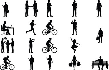 Fototapeta premium Black silhouettes of people performing various daily activities on white background
