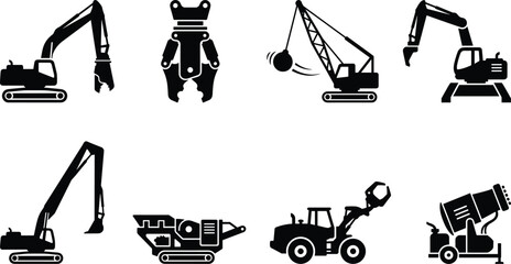 Demolition machinery and heavy construction equipment vector icon set featuring silhouettes of wrecking ball cranes excavators crushers and dust cannons © Fajle