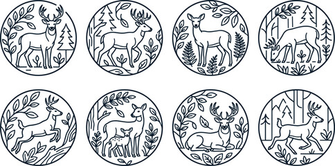 Naklejka premium Deer Nature Badges – Monoline Forest Animal Emblem Set
