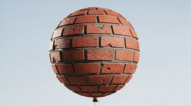 A Sphere Covered in Red Bricks Suspended Against a Light Blue Sky.