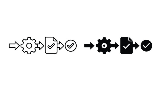 Business workflow process with gears document and checkmark icon set depicted in both simple line art and solid black silhouette styles isolated on a white background for project management apps