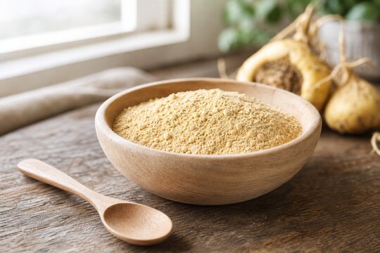 A shallow wooden bowl filled with fine pale yellow maca powder and a spoon.