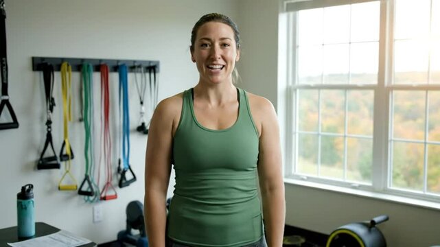 Friendly physical therapist introducing herself while standing in a home gym setting ready to exercise and rehabilitate